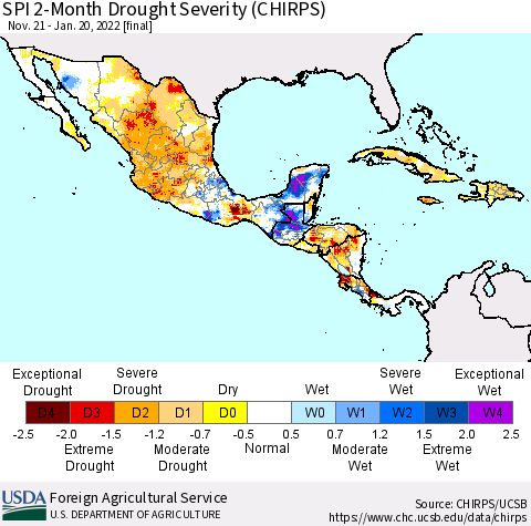 Mexico Central America and the Caribbean SPI 2-Month Drought Severity (CHIRPS) Thematic Map For 11/21/2021 - 1/20/2022