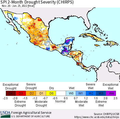 Mexico Central America and the Caribbean SPI 2-Month Drought Severity (CHIRPS) Thematic Map For 11/26/2021 - 1/25/2022