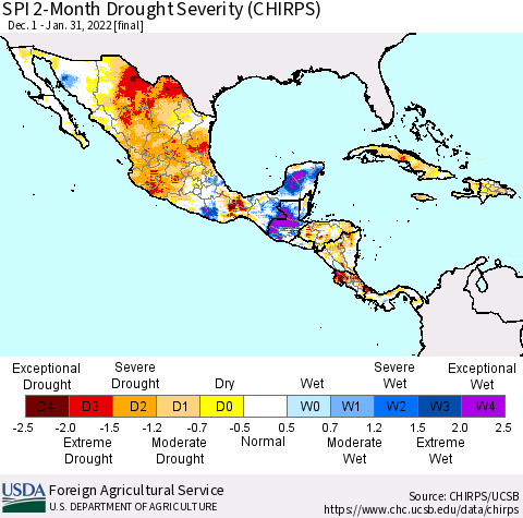 Mexico Central America and the Caribbean SPI 2-Month Drought Severity (CHIRPS) Thematic Map For 12/1/2021 - 1/31/2022
