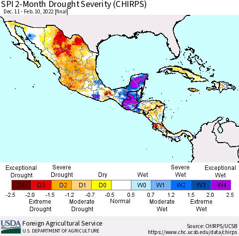 Mexico Central America and the Caribbean SPI 2-Month Drought Severity (CHIRPS) Thematic Map For 12/11/2021 - 2/10/2022