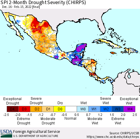 Mexico Central America and the Caribbean SPI 2-Month Drought Severity (CHIRPS) Thematic Map For 12/16/2021 - 2/15/2022