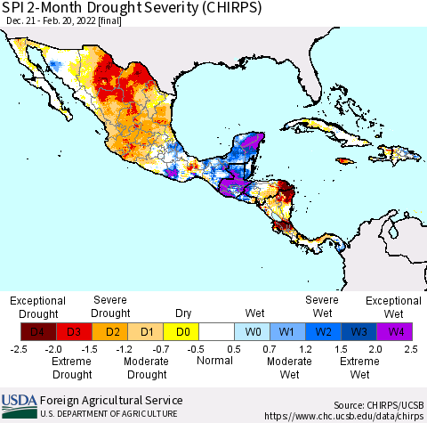 Mexico Central America and the Caribbean SPI 2-Month Drought Severity (CHIRPS) Thematic Map For 12/21/2021 - 2/20/2022