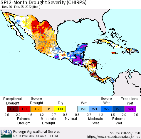 Mexico Central America and the Caribbean SPI 2-Month Drought Severity (CHIRPS) Thematic Map For 12/26/2021 - 2/25/2022