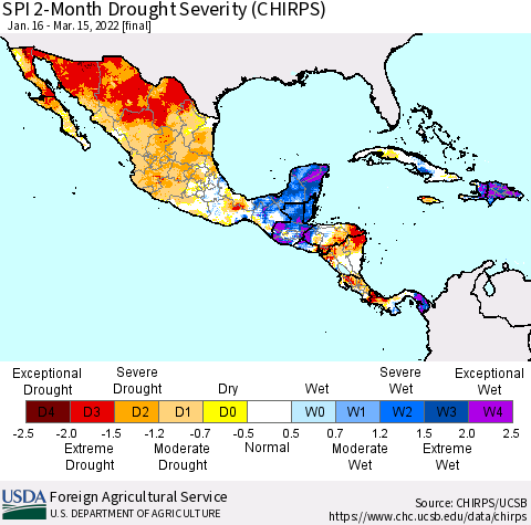 Mexico Central America and the Caribbean SPI 2-Month Drought Severity (CHIRPS) Thematic Map For 1/16/2022 - 3/15/2022