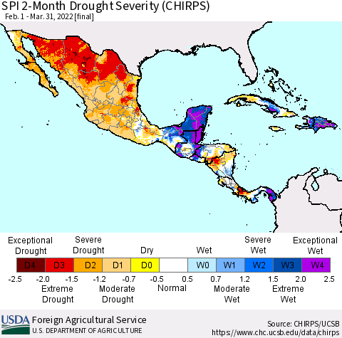 Mexico Central America and the Caribbean SPI 2-Month Drought Severity (CHIRPS) Thematic Map For 2/1/2022 - 3/31/2022