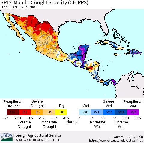 Mexico Central America and the Caribbean SPI 2-Month Drought Severity (CHIRPS) Thematic Map For 2/6/2022 - 4/5/2022