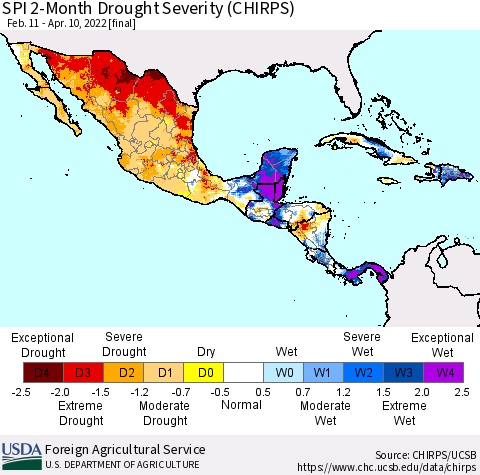 Mexico Central America and the Caribbean SPI 2-Month Drought Severity (CHIRPS) Thematic Map For 2/11/2022 - 4/10/2022