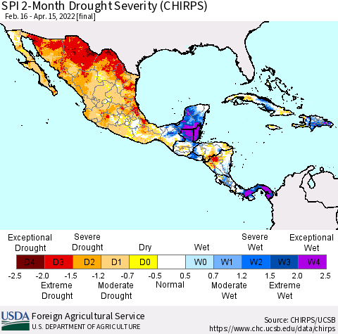Mexico Central America and the Caribbean SPI 2-Month Drought Severity (CHIRPS) Thematic Map For 2/16/2022 - 4/15/2022