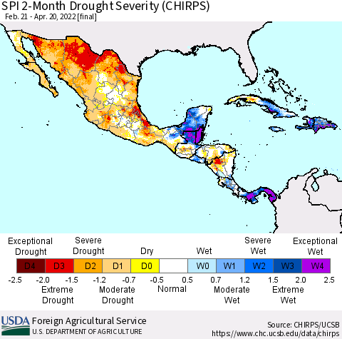 Mexico Central America and the Caribbean SPI 2-Month Drought Severity (CHIRPS) Thematic Map For 2/21/2022 - 4/20/2022