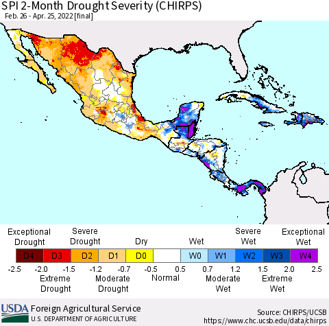 Mexico Central America and the Caribbean SPI 2-Month Drought Severity (CHIRPS) Thematic Map For 2/26/2022 - 4/25/2022