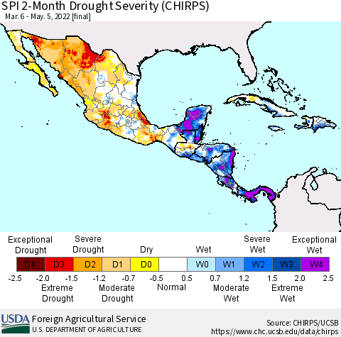 Mexico Central America and the Caribbean SPI 2-Month Drought Severity (CHIRPS) Thematic Map For 3/6/2022 - 5/5/2022