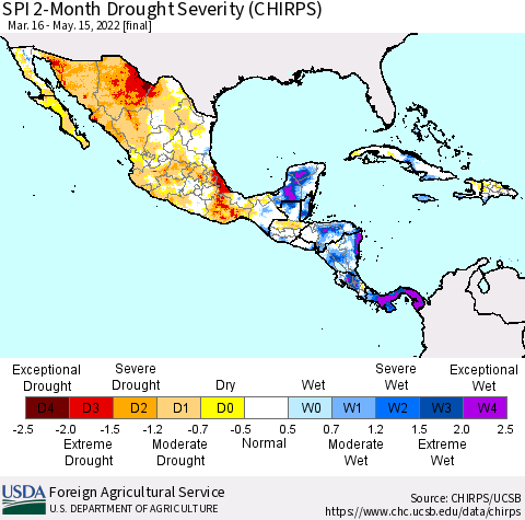 Mexico Central America and the Caribbean SPI 2-Month Drought Severity (CHIRPS) Thematic Map For 3/16/2022 - 5/15/2022