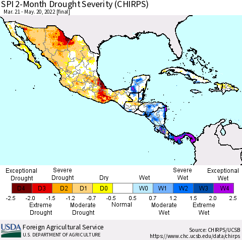 Mexico Central America and the Caribbean SPI 2-Month Drought Severity (CHIRPS) Thematic Map For 3/21/2022 - 5/20/2022