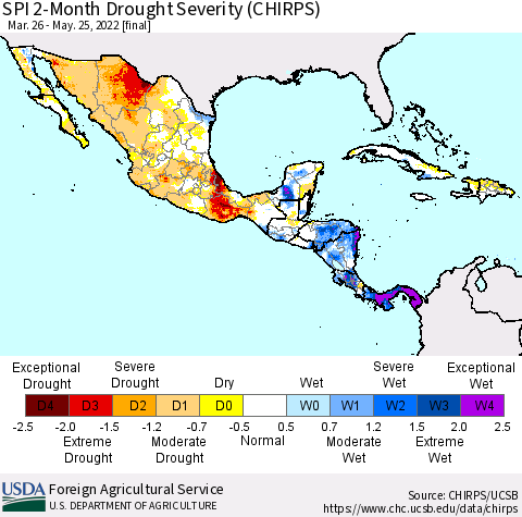 Mexico Central America and the Caribbean SPI 2-Month Drought Severity (CHIRPS) Thematic Map For 3/26/2022 - 5/25/2022
