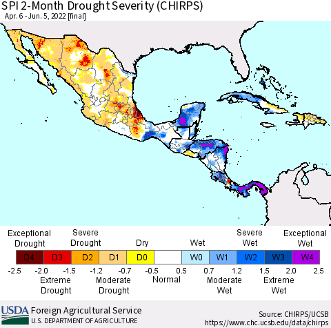 Mexico Central America and the Caribbean SPI 2-Month Drought Severity (CHIRPS) Thematic Map For 4/6/2022 - 6/5/2022