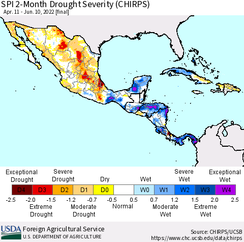 Mexico Central America and the Caribbean SPI 2-Month Drought Severity (CHIRPS) Thematic Map For 4/11/2022 - 6/10/2022