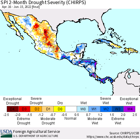 Mexico Central America and the Caribbean SPI 2-Month Drought Severity (CHIRPS) Thematic Map For 4/16/2022 - 6/15/2022