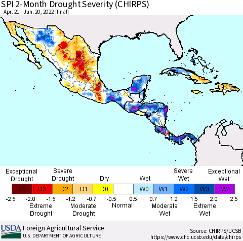 Mexico Central America and the Caribbean SPI 2-Month Drought Severity (CHIRPS) Thematic Map For 4/21/2022 - 6/20/2022
