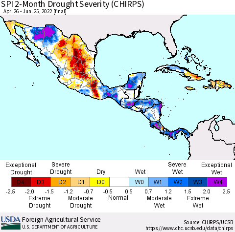 Mexico Central America and the Caribbean SPI 2-Month Drought Severity (CHIRPS) Thematic Map For 4/26/2022 - 6/25/2022