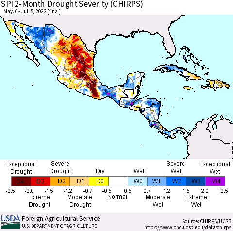 Mexico Central America and the Caribbean SPI 2-Month Drought Severity (CHIRPS) Thematic Map For 5/6/2022 - 7/5/2022