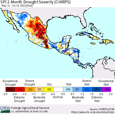 Mexico Central America and the Caribbean SPI 2-Month Drought Severity (CHIRPS) Thematic Map For 5/11/2022 - 7/10/2022