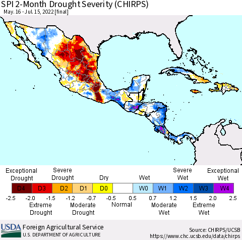 Mexico Central America and the Caribbean SPI 2-Month Drought Severity (CHIRPS) Thematic Map For 5/16/2022 - 7/15/2022