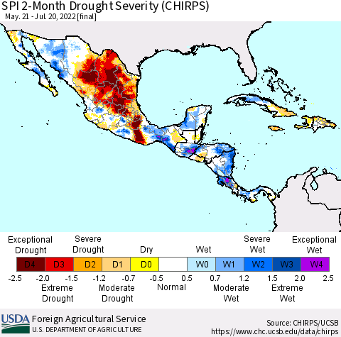 Mexico Central America and the Caribbean SPI 2-Month Drought Severity (CHIRPS) Thematic Map For 5/21/2022 - 7/20/2022