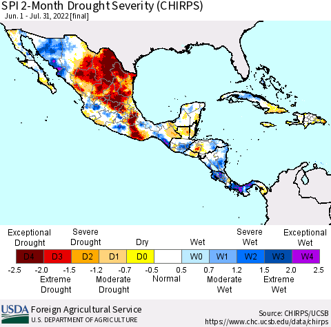 Mexico Central America and the Caribbean SPI 2-Month Drought Severity (CHIRPS) Thematic Map For 6/1/2022 - 7/31/2022