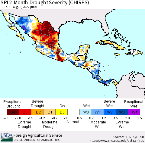 Mexico Central America and the Caribbean SPI 2-Month Drought Severity (CHIRPS) Thematic Map For 6/6/2022 - 8/5/2022