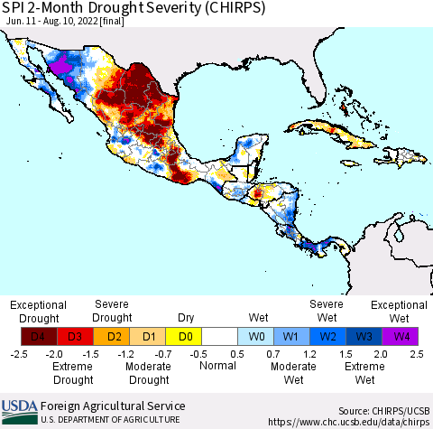 Mexico Central America and the Caribbean SPI 2-Month Drought Severity (CHIRPS) Thematic Map For 6/11/2022 - 8/10/2022