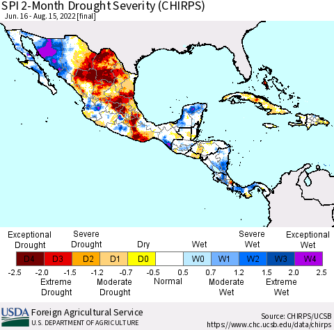 Mexico Central America and the Caribbean SPI 2-Month Drought Severity (CHIRPS) Thematic Map For 6/16/2022 - 8/15/2022