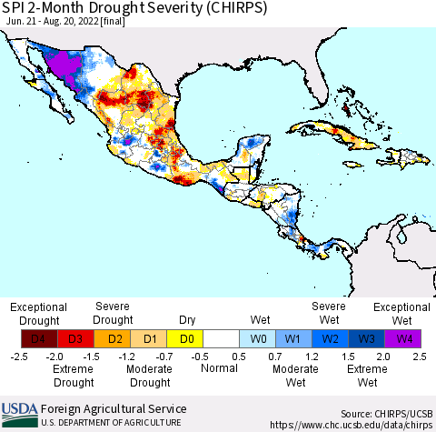 Mexico Central America and the Caribbean SPI 2-Month Drought Severity (CHIRPS) Thematic Map For 6/21/2022 - 8/20/2022