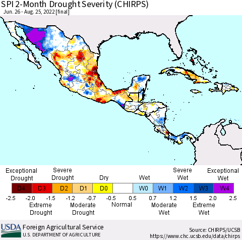 Mexico Central America and the Caribbean SPI 2-Month Drought Severity (CHIRPS) Thematic Map For 6/26/2022 - 8/25/2022