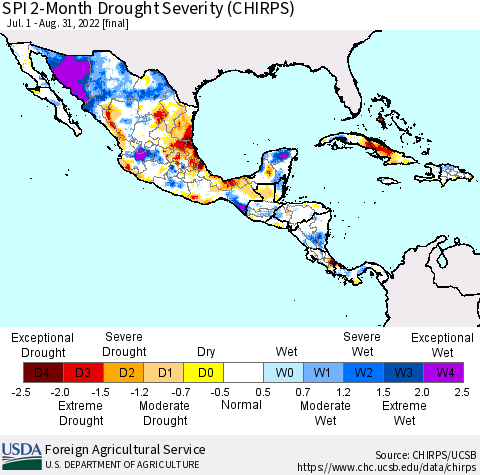 Mexico Central America and the Caribbean SPI 2-Month Drought Severity (CHIRPS) Thematic Map For 7/1/2022 - 8/31/2022