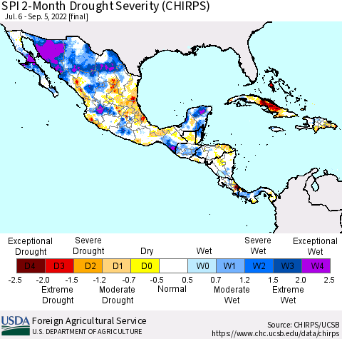 Mexico Central America and the Caribbean SPI 2-Month Drought Severity (CHIRPS) Thematic Map For 7/6/2022 - 9/5/2022