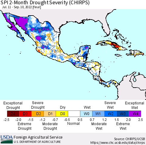 Mexico Central America and the Caribbean SPI 2-Month Drought Severity (CHIRPS) Thematic Map For 7/11/2022 - 9/10/2022