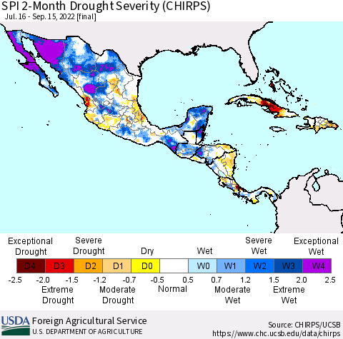 Mexico Central America and the Caribbean SPI 2-Month Drought Severity (CHIRPS) Thematic Map For 7/16/2022 - 9/15/2022