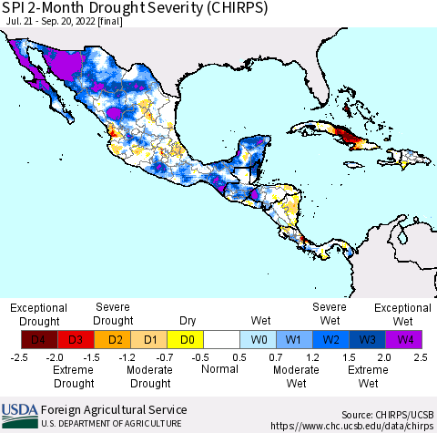 Mexico Central America and the Caribbean SPI 2-Month Drought Severity (CHIRPS) Thematic Map For 7/21/2022 - 9/20/2022