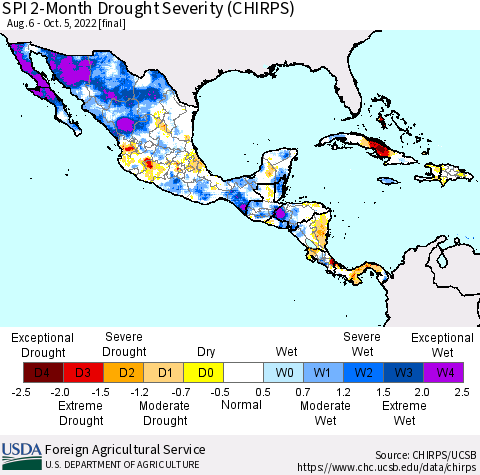Mexico Central America and the Caribbean SPI 2-Month Drought Severity (CHIRPS) Thematic Map For 8/6/2022 - 10/5/2022