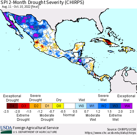Mexico Central America and the Caribbean SPI 2-Month Drought Severity (CHIRPS) Thematic Map For 8/11/2022 - 10/10/2022
