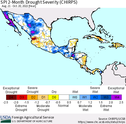 Mexico Central America and the Caribbean SPI 2-Month Drought Severity (CHIRPS) Thematic Map For 8/21/2022 - 10/20/2022