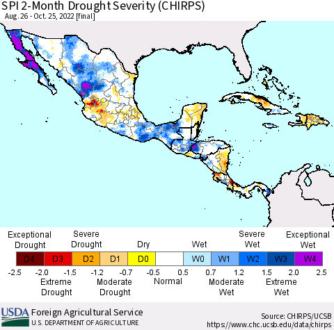 Mexico Central America and the Caribbean SPI 2-Month Drought Severity (CHIRPS) Thematic Map For 8/26/2022 - 10/25/2022
