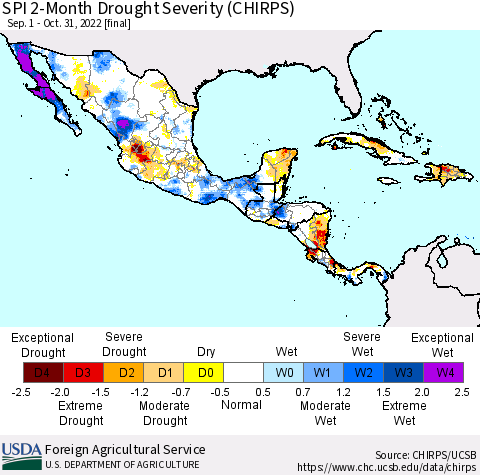 Mexico Central America and the Caribbean SPI 2-Month Drought Severity (CHIRPS) Thematic Map For 9/1/2022 - 10/31/2022