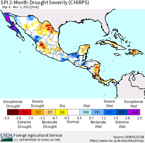 Mexico Central America and the Caribbean SPI 2-Month Drought Severity (CHIRPS) Thematic Map For 9/6/2022 - 11/5/2022