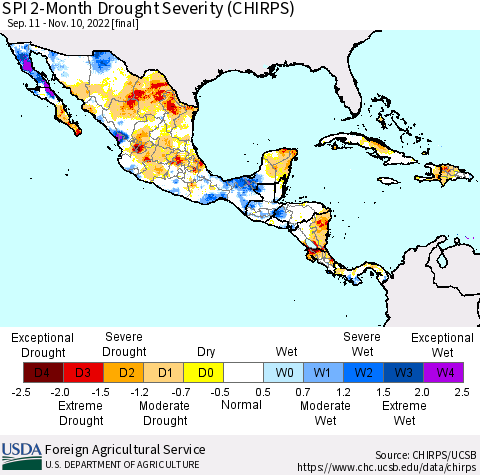 Mexico Central America and the Caribbean SPI 2-Month Drought Severity (CHIRPS) Thematic Map For 9/11/2022 - 11/10/2022