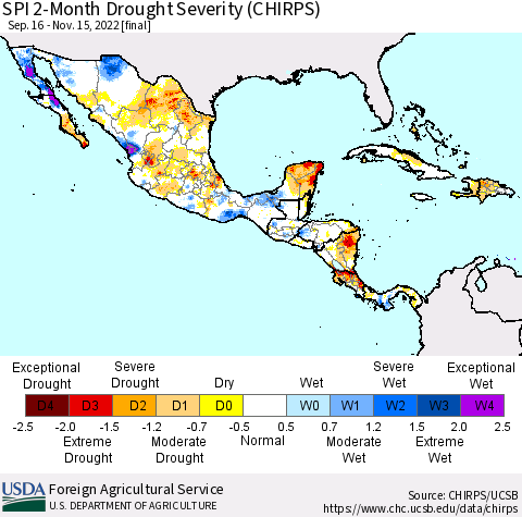 Mexico Central America and the Caribbean SPI 2-Month Drought Severity (CHIRPS) Thematic Map For 9/16/2022 - 11/15/2022