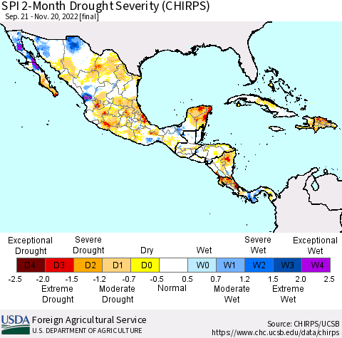 Mexico Central America and the Caribbean SPI 2-Month Drought Severity (CHIRPS) Thematic Map For 9/21/2022 - 11/20/2022