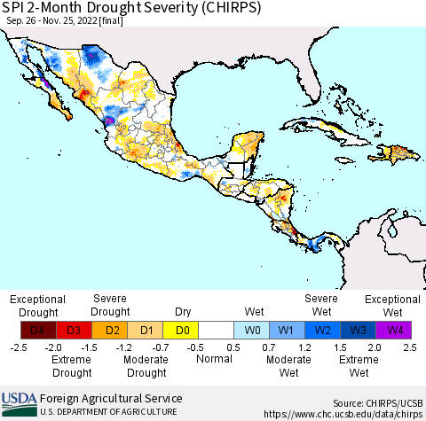 Mexico Central America and the Caribbean SPI 2-Month Drought Severity (CHIRPS) Thematic Map For 9/26/2022 - 11/25/2022