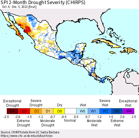 Mexico Central America and the Caribbean SPI 2-Month Drought Severity (CHIRPS) Thematic Map For 10/6/2022 - 12/5/2022