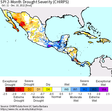 Mexico Central America and the Caribbean SPI 2-Month Drought Severity (CHIRPS) Thematic Map For 10/11/2022 - 12/10/2022